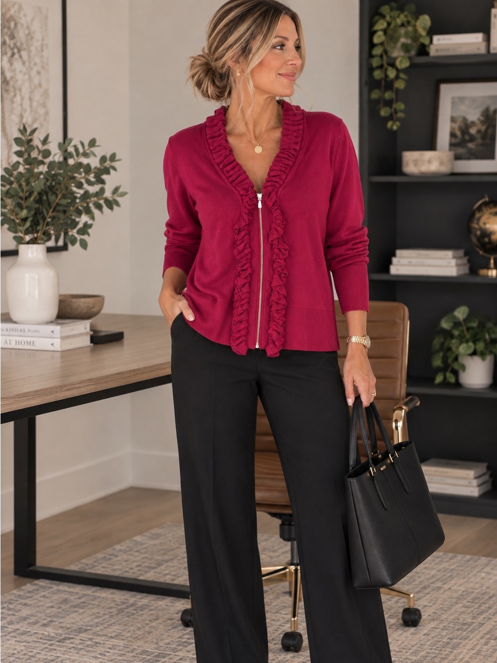 Renuar Magenta Ruffle Front Zip Cardigan Sweater Size XL
